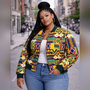 Women’s African Print Bomber Jacket XL Kente Zip-Up Jacket